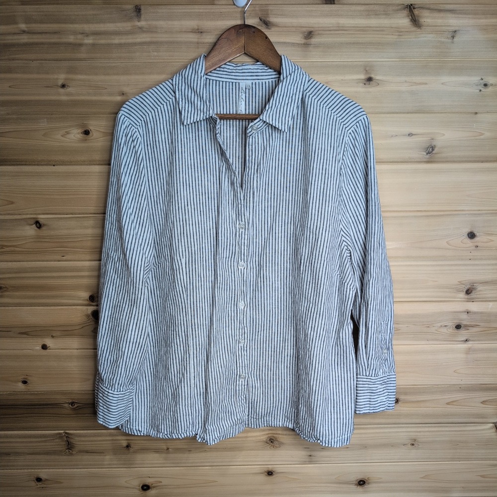 Lulu-B Women 1X Linen Striped Button Down Shirt Long Sleeve Navy White Coastal